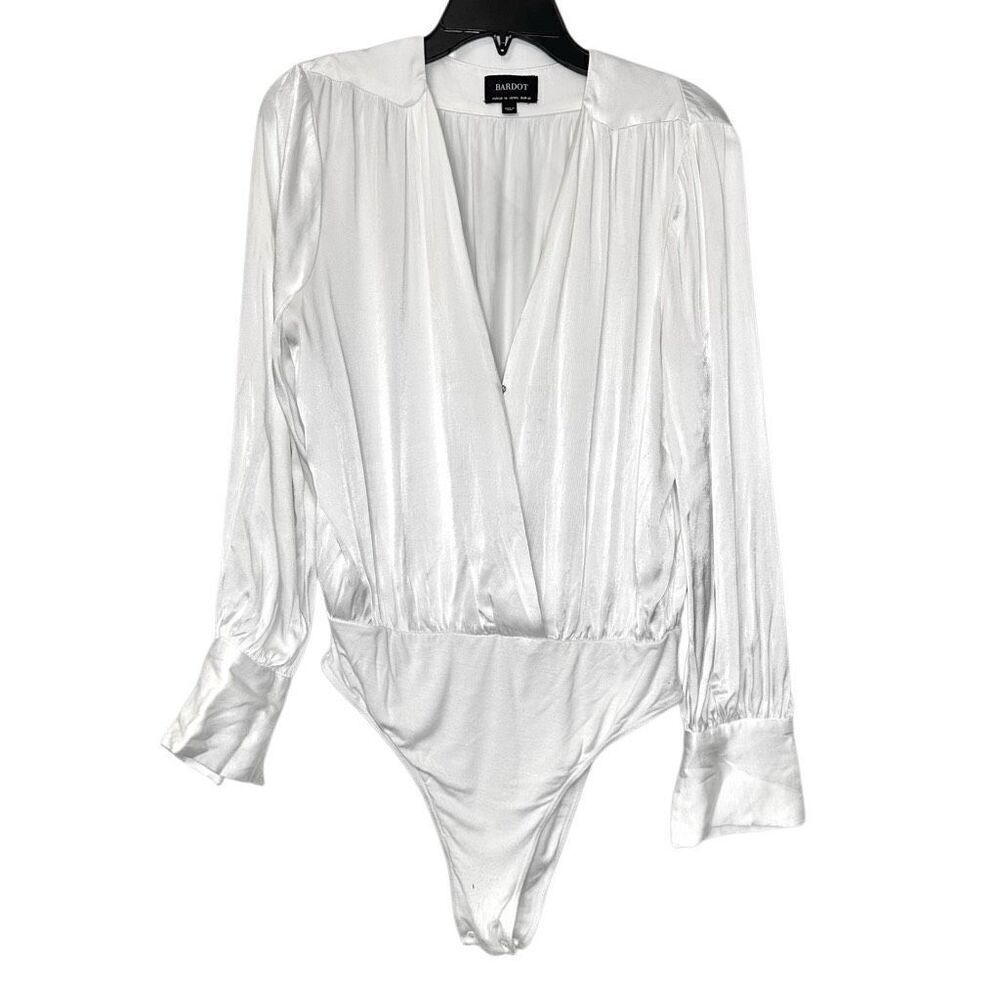 Bardot Cassidy Surplice Wrap Front Satin Long Sleeve Ivory Bodysuit Top Size 10